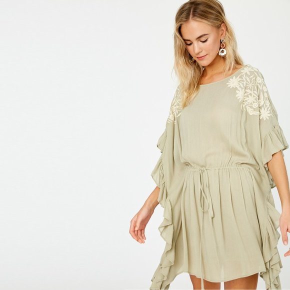 Floral Embroidered Cascading Ruffle Caftan Dress • NWT • Round Neck • Lined - Picture 5 of 7